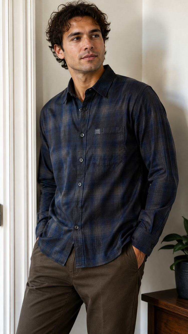 FB County Checker Shirt Men M Blue Black Plaid Long Sleeve Chicano Streetwear